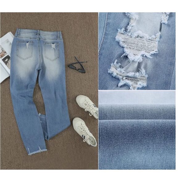 GOSOPIN Distressed Raw Hem Boyfriend Straight Leg Jeans - Picture 4 of 9